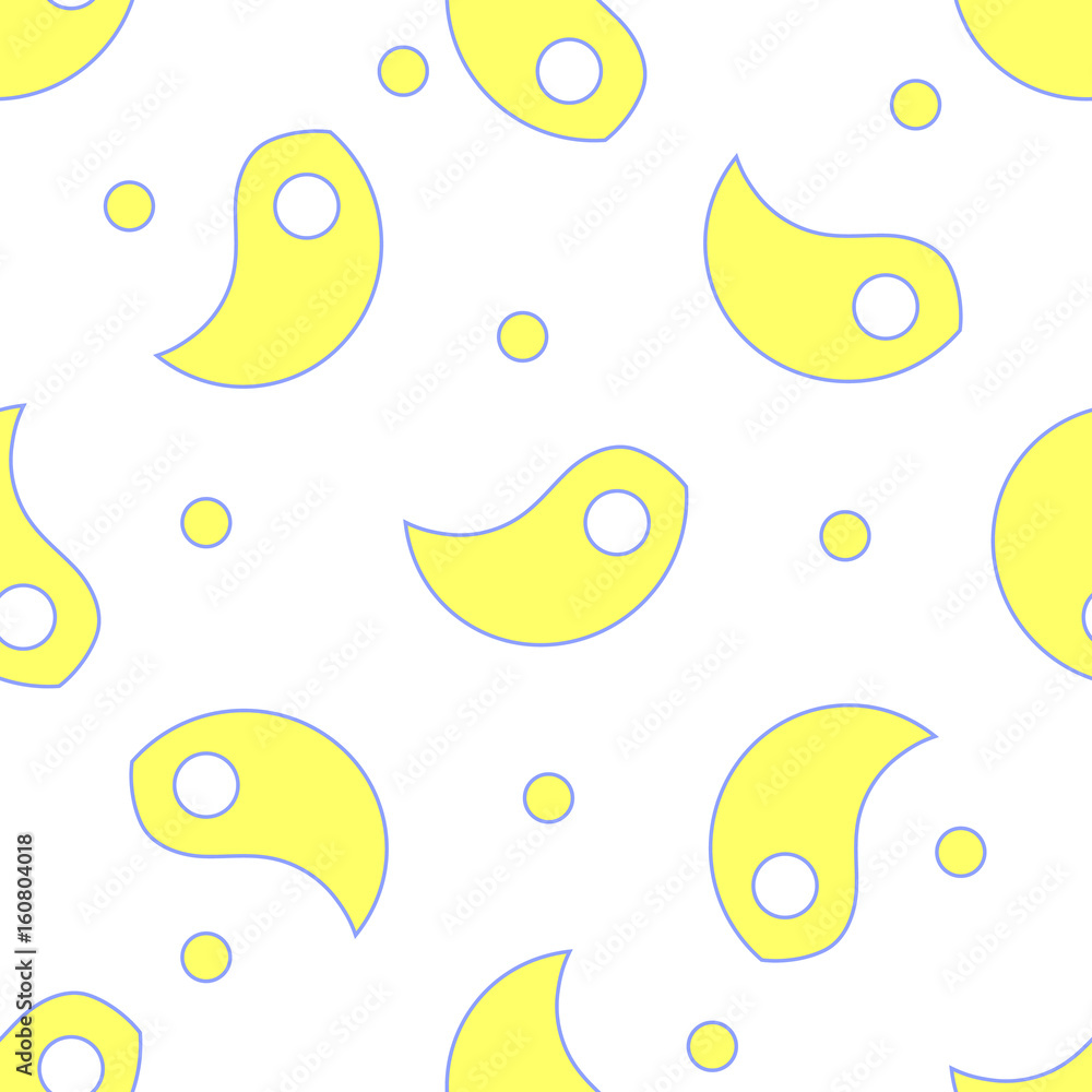 Poster yellow bird-shaped objects with blue outlines and dots in the background