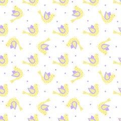 yellow and violet ornate birds with dots in the background