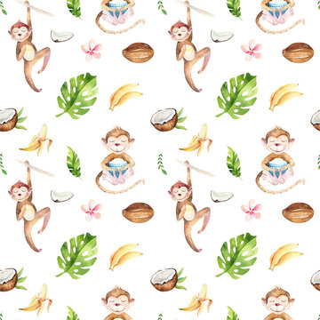 Baby animals nursery isolated seamless pattern. Watercolor boho tropical drawing, child tropical drawing cute monkey and palm tree, tropic green texture,exotic flower. Aloha backgraund