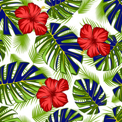 Seamless summer pattern with exotic tropical hibisckus flower and monstera leaves.