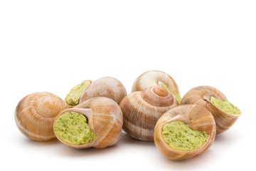 Cooked snails delicacy. French cuisine stuffed snails.