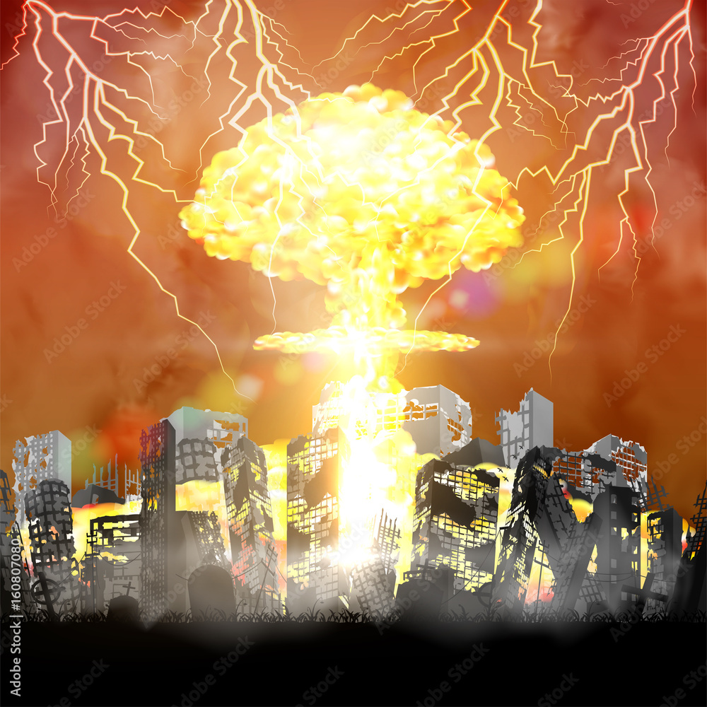 Wall mural silhouette nuclear bomb over city ruined building - Wall murals