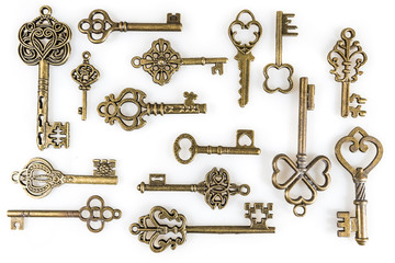 Vintage Gold Keys Collection Isolated On White Background