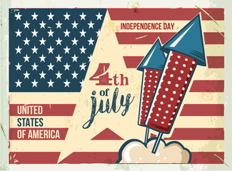 4th of July poster. Grunge retro metal sign with fireworks. Independence day. Celebration flyer. Vintage mockup. Old fashioned design.