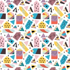 Gordijnen Naadloos patroon met figuren in scandinavische stijl, schattige huizen en driehoeken © happiestsim