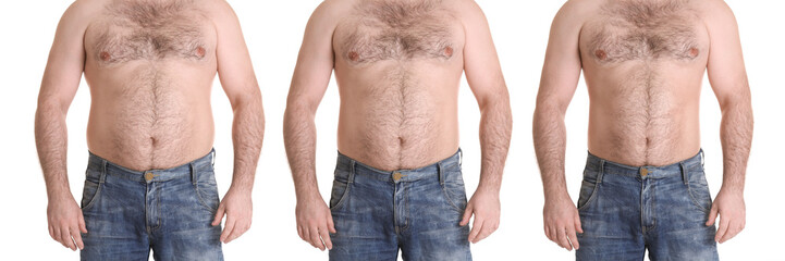 Naklejka premium Male body before and after weightloss on white background. Health care and diet concept