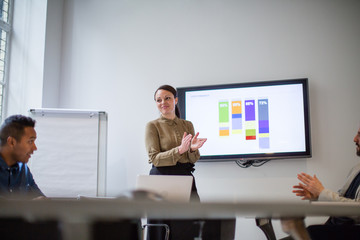 Female business executive applauding team performance