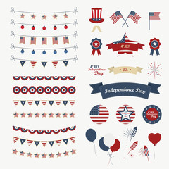 A set of design elements for Independence Day. 4th of July Objects, Element. Isolated on white. Vector icons.