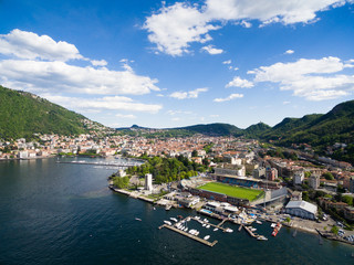 Fototapeta na wymiar aerial photography view of Como city and lake near Milan in Italy