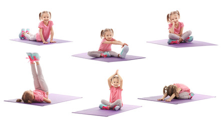 Collage of cute little girl doing gymnastic exercises on white background