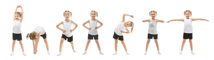 Collage of cute little girl doing gymnastic exercises on white background - obrazy, fototapety, plakaty