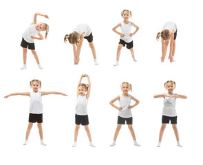 Collage of cute little girl doing gymnastic exercises on white background