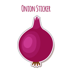 Obraz premium Onion sticker made in cartoon flat style. Label for market