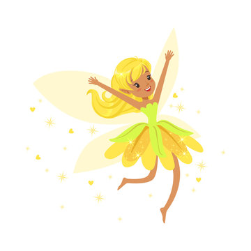 Beautiful smiling yellow Fairy girl flying colorful cartoon character vector Illustration