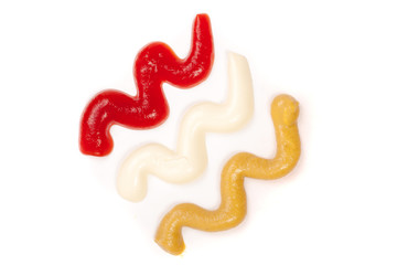Ketchup mayonnaise and mustard isolated on white background. Top view