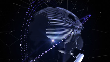 Futuristic 3D globe with ring and satellite