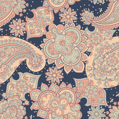 Vector illustration in asian textile style. Paisley seamless pattern.