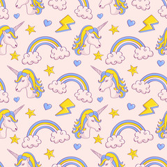Vector seamless pattern with unicorns and rainbows.
