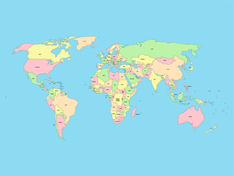 World map with names of sovereign countries and larger dependent territories. Simplified vector map in four colors on blue background.