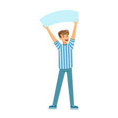 Cheering football fan character in blue holding blank banner over his head