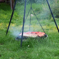 Meat in summer in the green garden on an old charcoal grill, delicious food for the garden party
