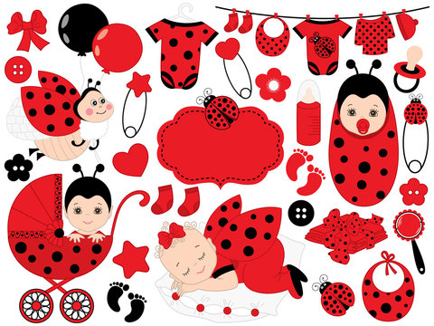 Vector Baby Girl Set with Ladybug Pattern. Vector Baby Girl. Vector Ladybug. 