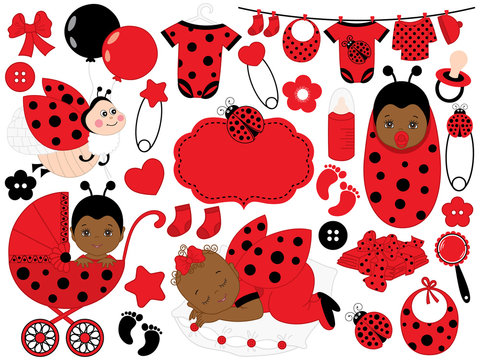 Vector Baby Girl Set with Ladybug Pattern. Vector African American Baby Girl. Vector Ladybug. 