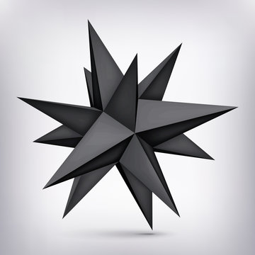 Volume polyhedron black star, 3d object, geometry shape, mesh version, dark origami crystal, abstract vector element