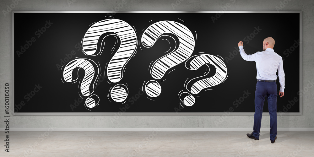Aufkleber businessman drawing a question mark sketch on a board 3d rendering