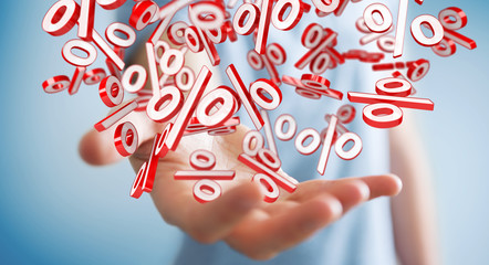 Businessman using white and red sales flying icons 3D rendering