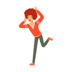 Smiling football fan character in red wig celebrating the victory of his team vector Illustration