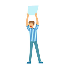 Smiling football fan character in blue holding blank banner over his head vector Illustration