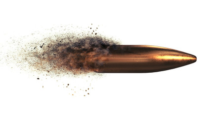 Flying bullet with a dust trail on a white isolated background - obrazy, fototapety, plakaty