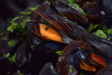 Steamed and roasted mussels close up