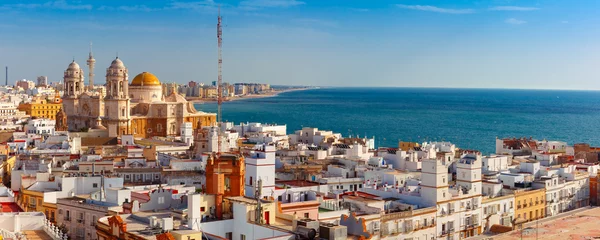 Washable wall murals European Places Aerial panoramic view of the old city rooftops and Cathedral de Santa Cruz in the morning from tower Tavira in Cadiz, Andalusia, Spain