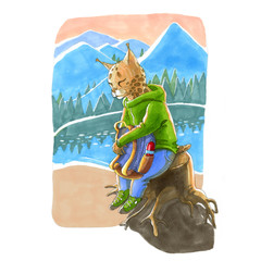 Watercolor illustration. Cute animal like humans. Humanized animal.The lynx pants and jacket sitting on a mountain with a backpack