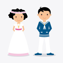 Boy and girl in communion suit. White background