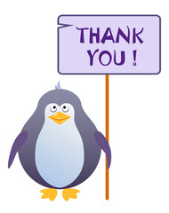 Penguin holds a sign with an inscription 