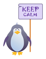 Penguin holds a sign with an inscription 