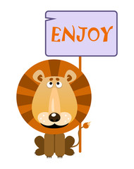 Fototapeta premium Lion holds a sign with an inscription 