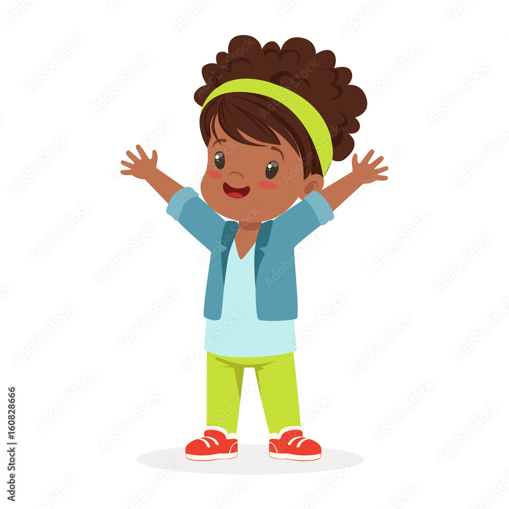 Poster cute little dark haired girl in casual clothes colorful cartoon character vector illustration