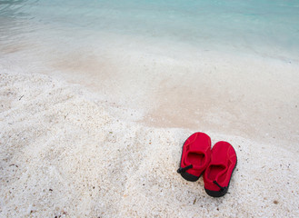 Fototapeta na wymiar Pair of swimming shoes on sea coast