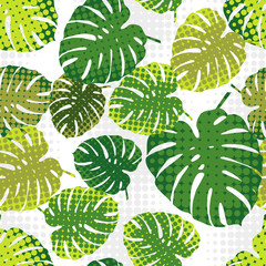 Monstera leaves in halftone style. Seamless vector background. Summer tropical design. Textile rapport.
