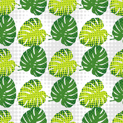 Monstera leaves in halftone style. Seamless vector background. Summer tropical design. Textile rapport.