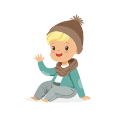 Cute little blonde boy in a brown hat and scarf sitting colorful cartoon character vector Illustration