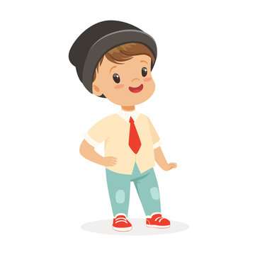 Cute smiling little boy dressed in fashion clothes and black hat colorful cartoon character vector Illustration