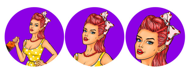 Vector illustration, womens pop art round avatar icon for users of social networking, blogs. Girl holding a bottle of alcohol in her hand