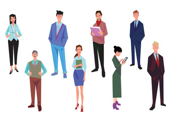 Fototapeta premium Group of office workers, employees, managers and team leader. Business people in casual and office clothes. Isolated on white. Business Icons. Business design. Vector illustration.