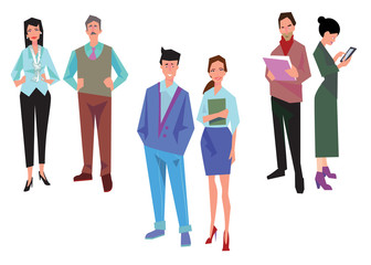 Couples of office workers, employees, managers and team leader. Business people in casual and office clothes. Isolated on white. Business Icons. Business design. Vector illustration.