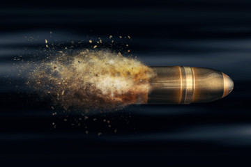 Flying bullet with a dust trail on a dark background
